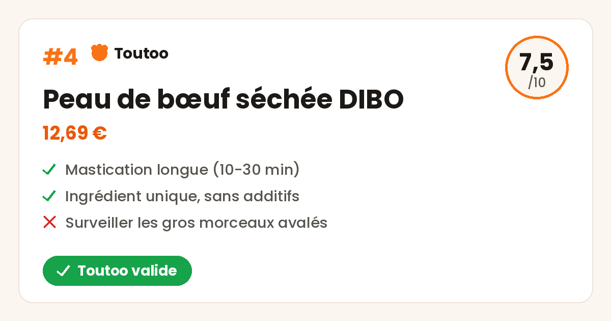 Carte Toutoo de la peau de bœuf séchée DIBO, note 7,5 sur 10, Toutoo valide