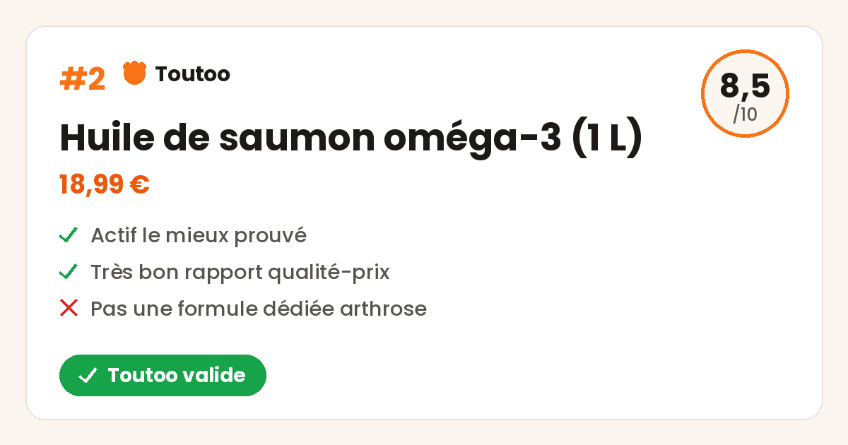 Carte Toutoo de l'huile de saumon oméga-3 1 litre, note 8,5 sur 10, Toutoo valide