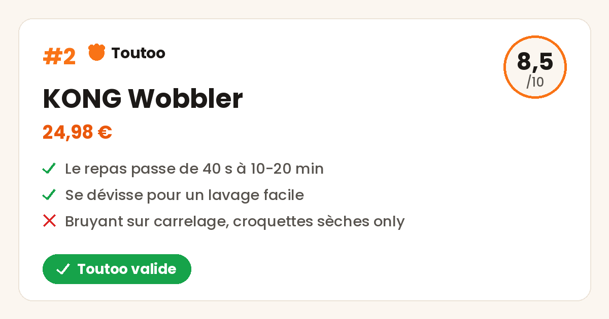 Carte Toutoo du KONG Wobbler : note 8,5/10, le repas passe de 40 secondes à 20 minutes, 24,98 euros, Toutoo valide