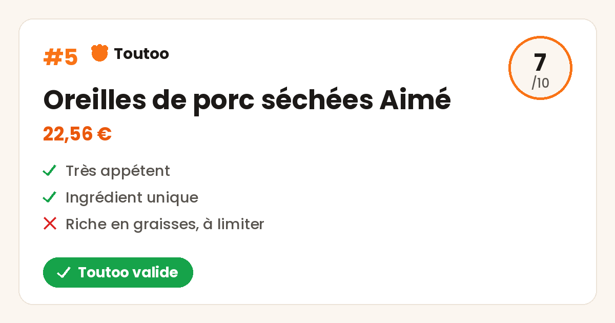 Carte Toutoo des oreilles de porc séchées Aimé, note 7 sur 10, Toutoo valide