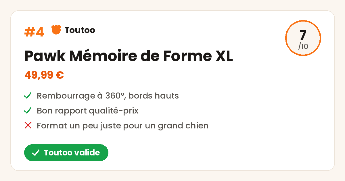 Carte Toutoo du Pawk mémoire de forme XL, note 7 sur 10, Toutoo valide