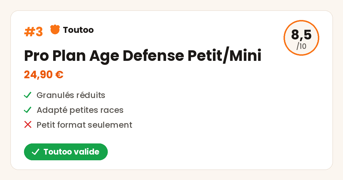 Carte Toutoo du Purina Pro Plan Age Defense petit et mini format, note 8,5 sur 10, Toutoo valide