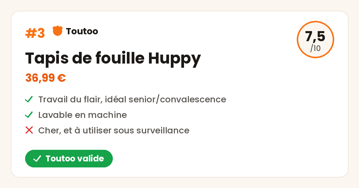 Carte Toutoo du tapis de fouille Huppy : note 7,5/10, travail du flair, lavable en machine, 36,99 euros, Toutoo valide