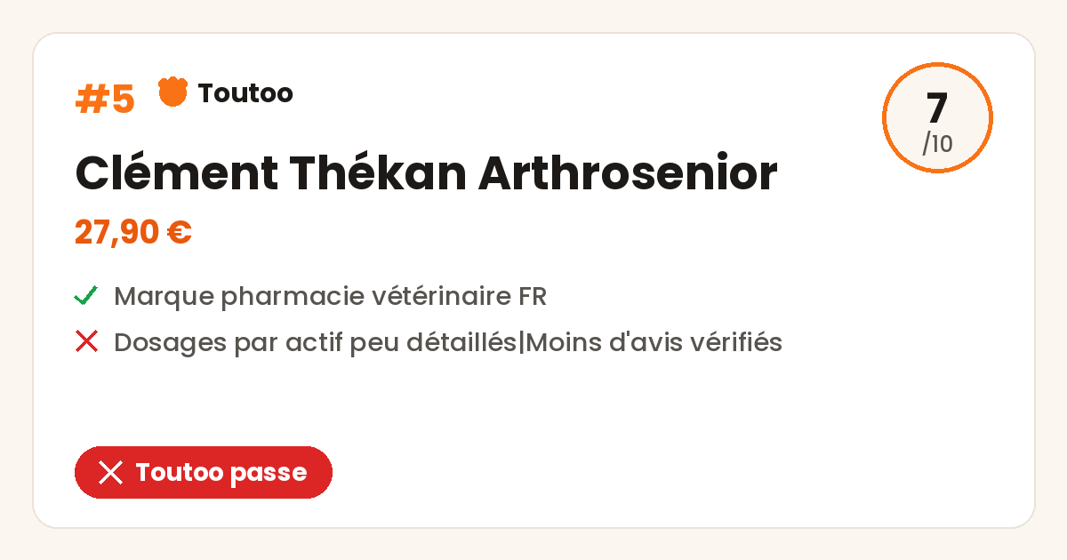 Carte Toutoo du Clément Thékan Arthrosenior, note 7 sur 10, Toutoo passe