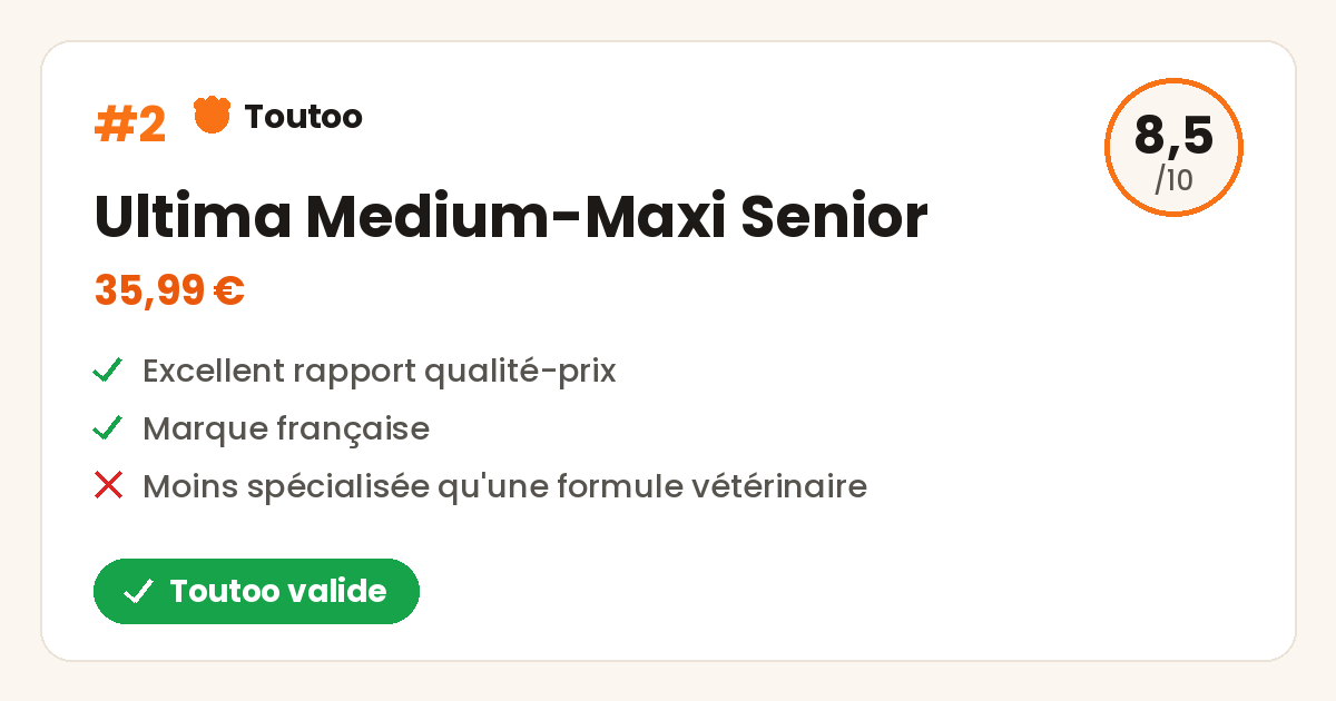 Carte Toutoo de l'Ultima Medium-Maxi Senior, note 8,5 sur 10, Toutoo valide