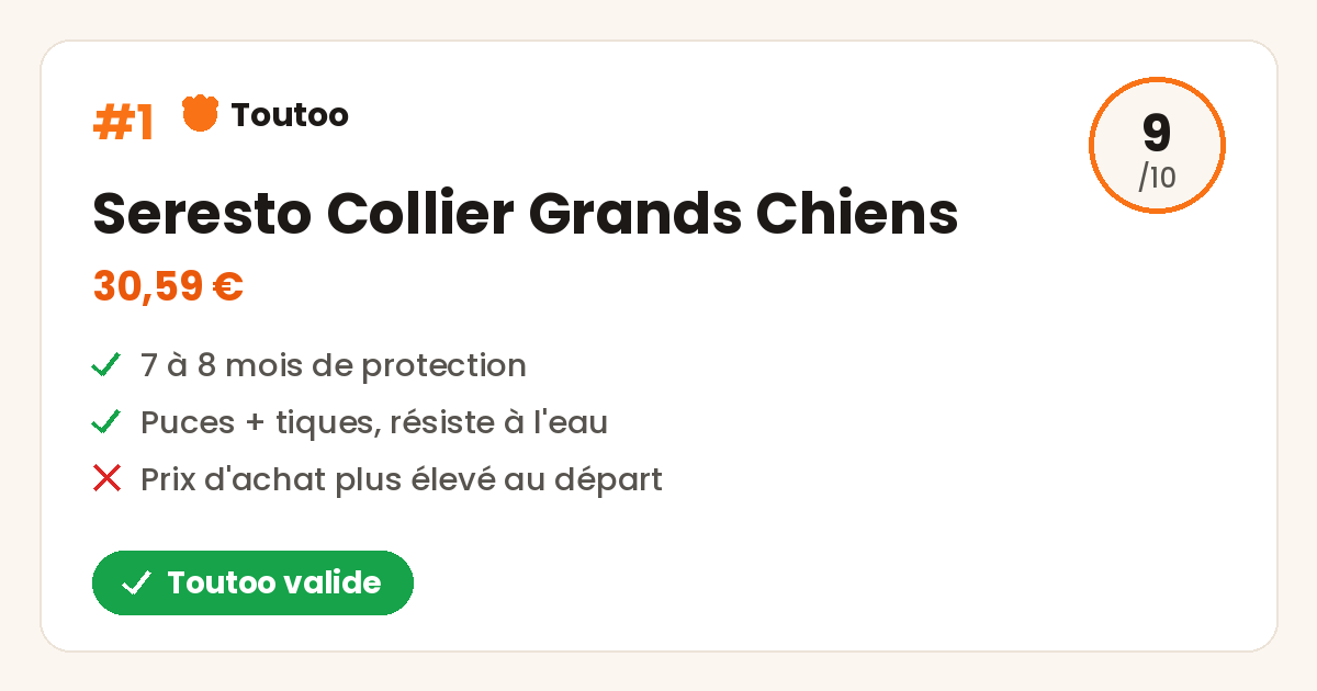 Carte Toutoo du collier Seresto, note 9 sur 10, Toutoo valide