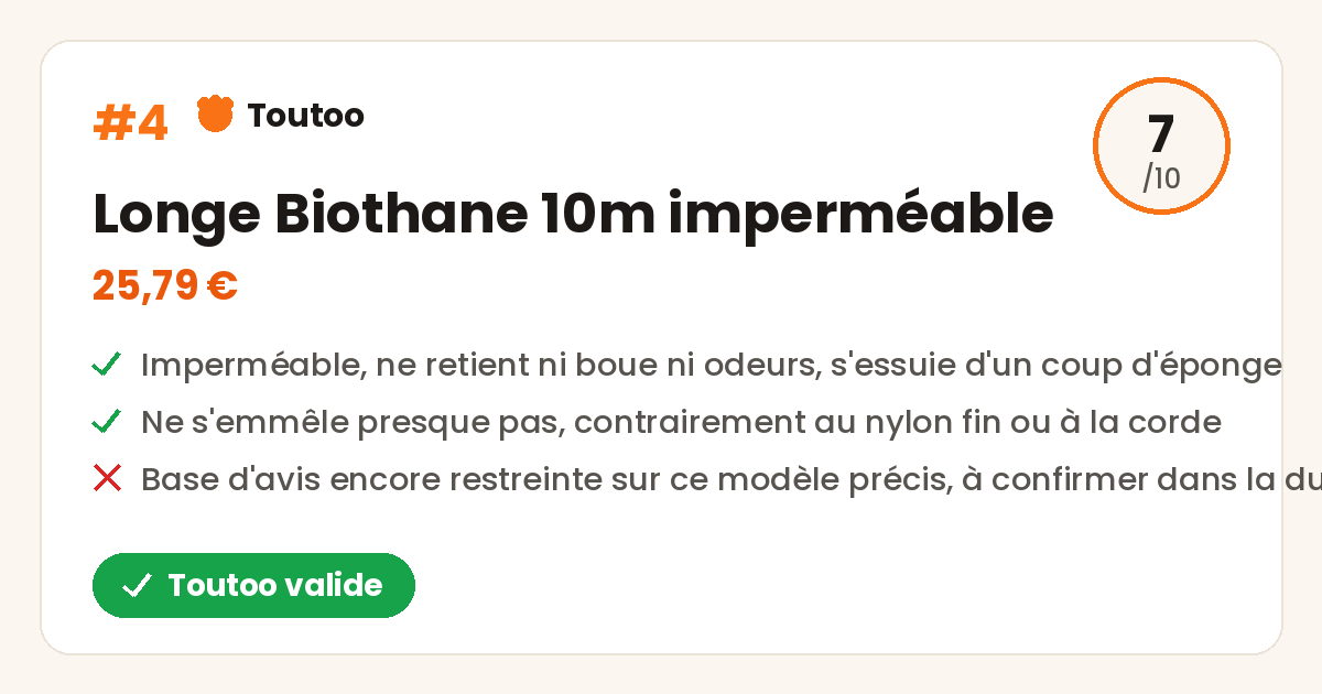 Carte produit Longe Biothane 10m, note 7/10, Toutoo valide