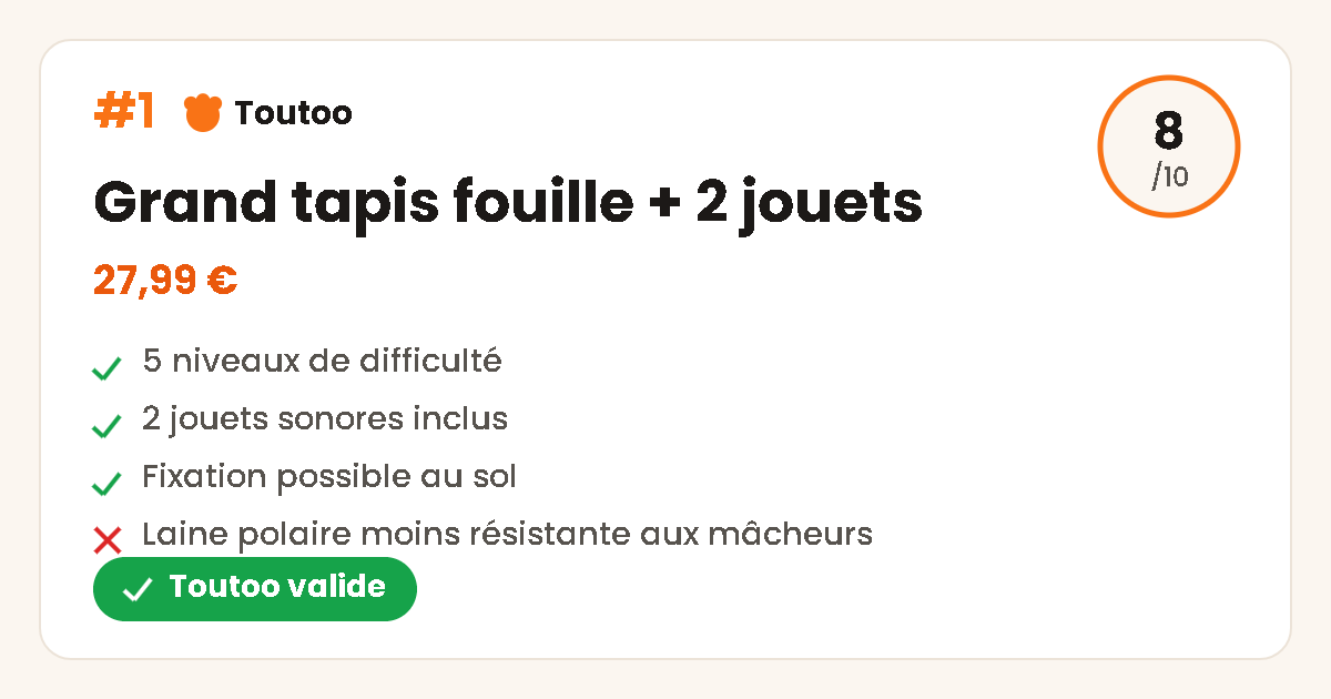 Carte produit Toutoo : grand tapis de fouille avec fixation et 2 jouets, note 8 sur 10