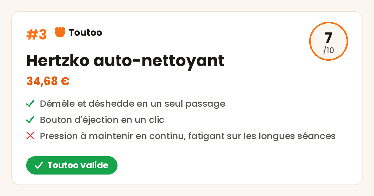 Carte Toutoo de la brosse Hertzko auto-nettoyante, note 7 sur 10, Toutoo valide