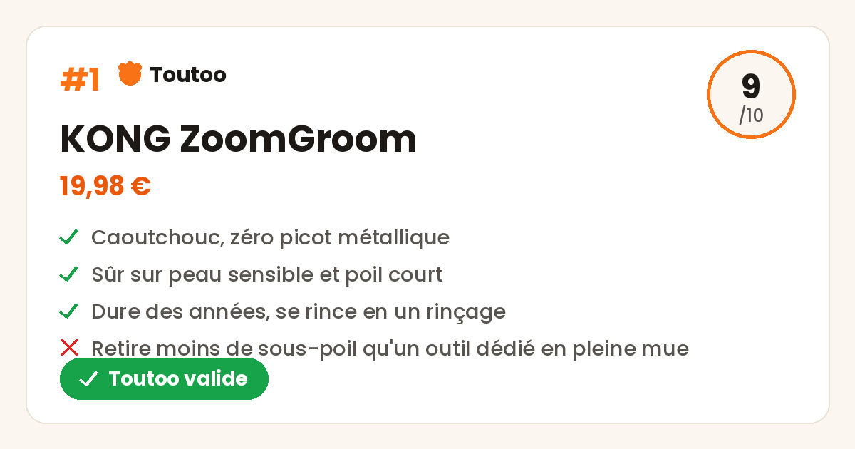 Carte Toutoo de la brosse KONG ZoomGroom, note 9 sur 10, Toutoo valide