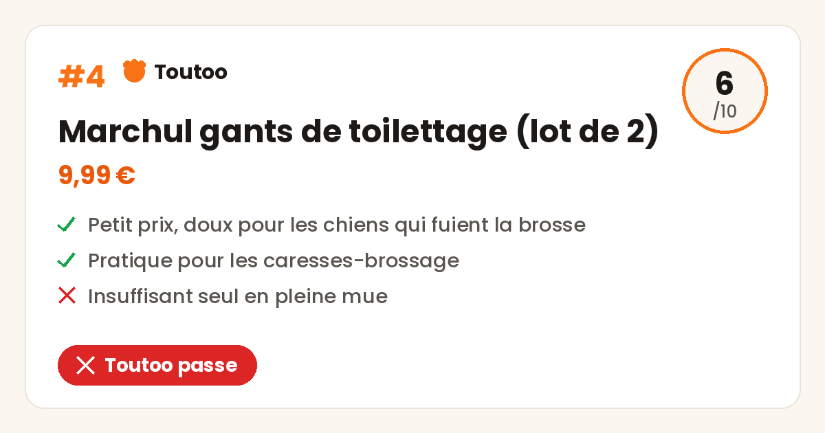 Carte Toutoo des gants de toilettage Marchul, note 6 sur 10, Toutoo passe