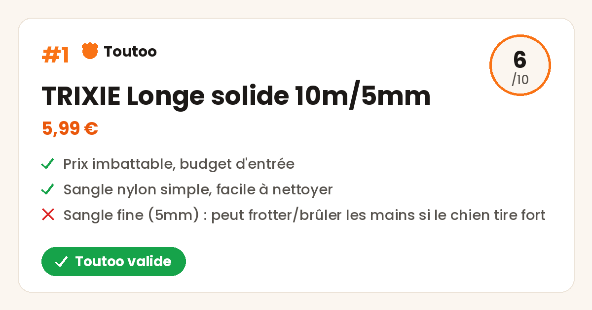 Carte produit TRIXIE Longe solide 10m, note 6/10, Toutoo valide