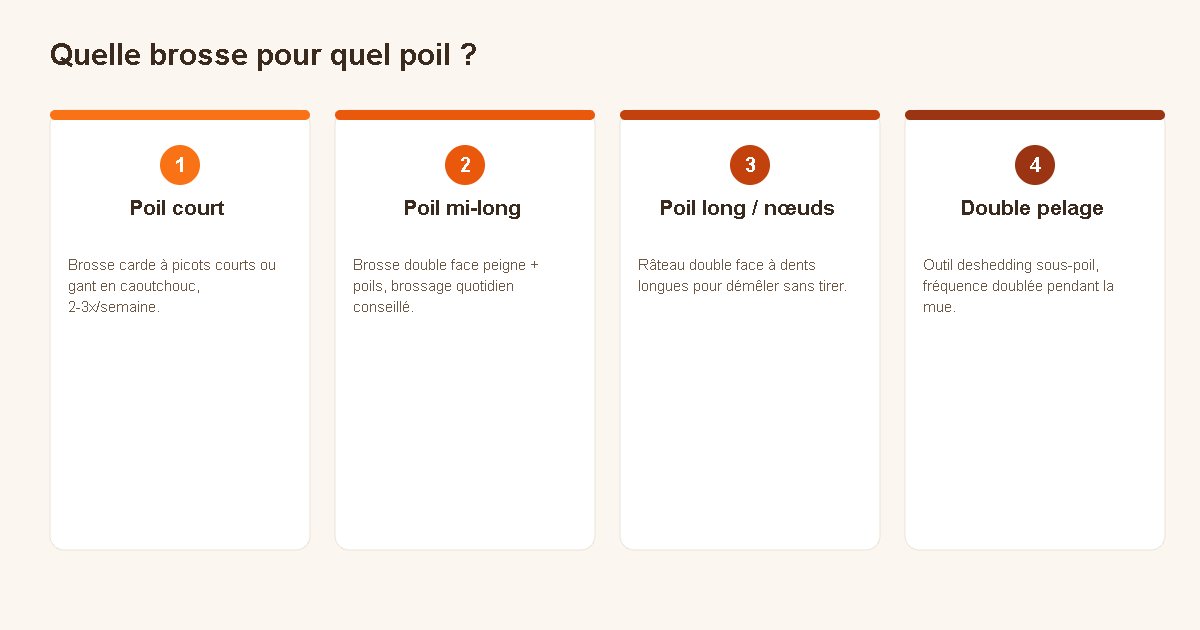 Schéma : quelle brosse choisir selon le type de poil du chien (court, mi-long, long, double pelage)
