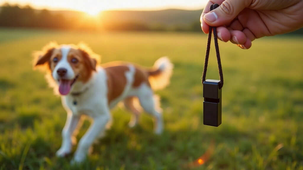 Chien courant dans une prairie vers son maître qui tient un sifflet noir au bout d’un cordon