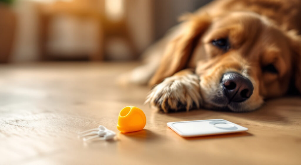 Crochets et carte tire-tique posés près de la patte d’un golden retriever