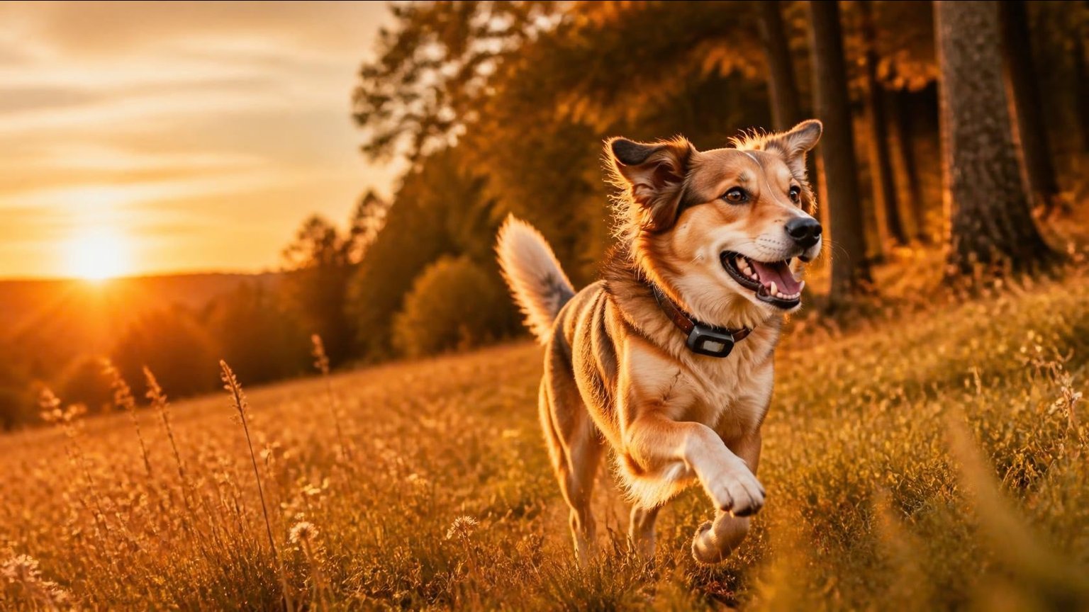 Chien qui court dans un pré au coucher du soleil, un petit boîtier GPS accroché à son collier