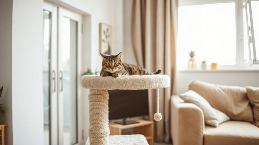 Image générée : un chat tigré couché en haut d’un arbre à chat beige à poteau en sisal, près de la fenêtre d’un salon