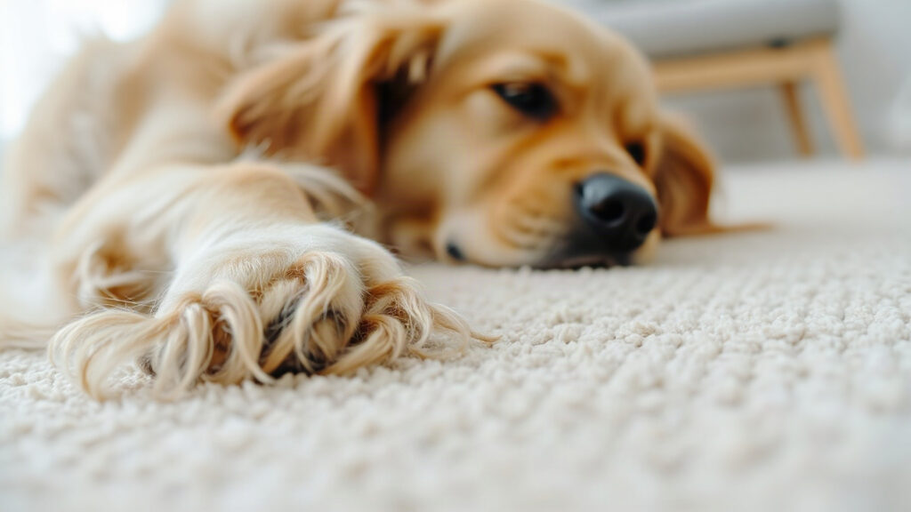 Gros plan sur des poils dorés sur un tapis beige, avec un golden retriever au repos en arrière-plan