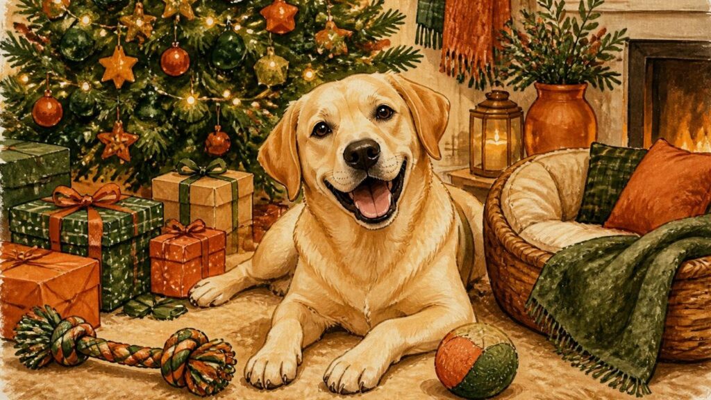 Illustration : un labrador joyeux devant un sapin de Noël entouré de cadeaux, d'un jouet à mâcher et d'un panier