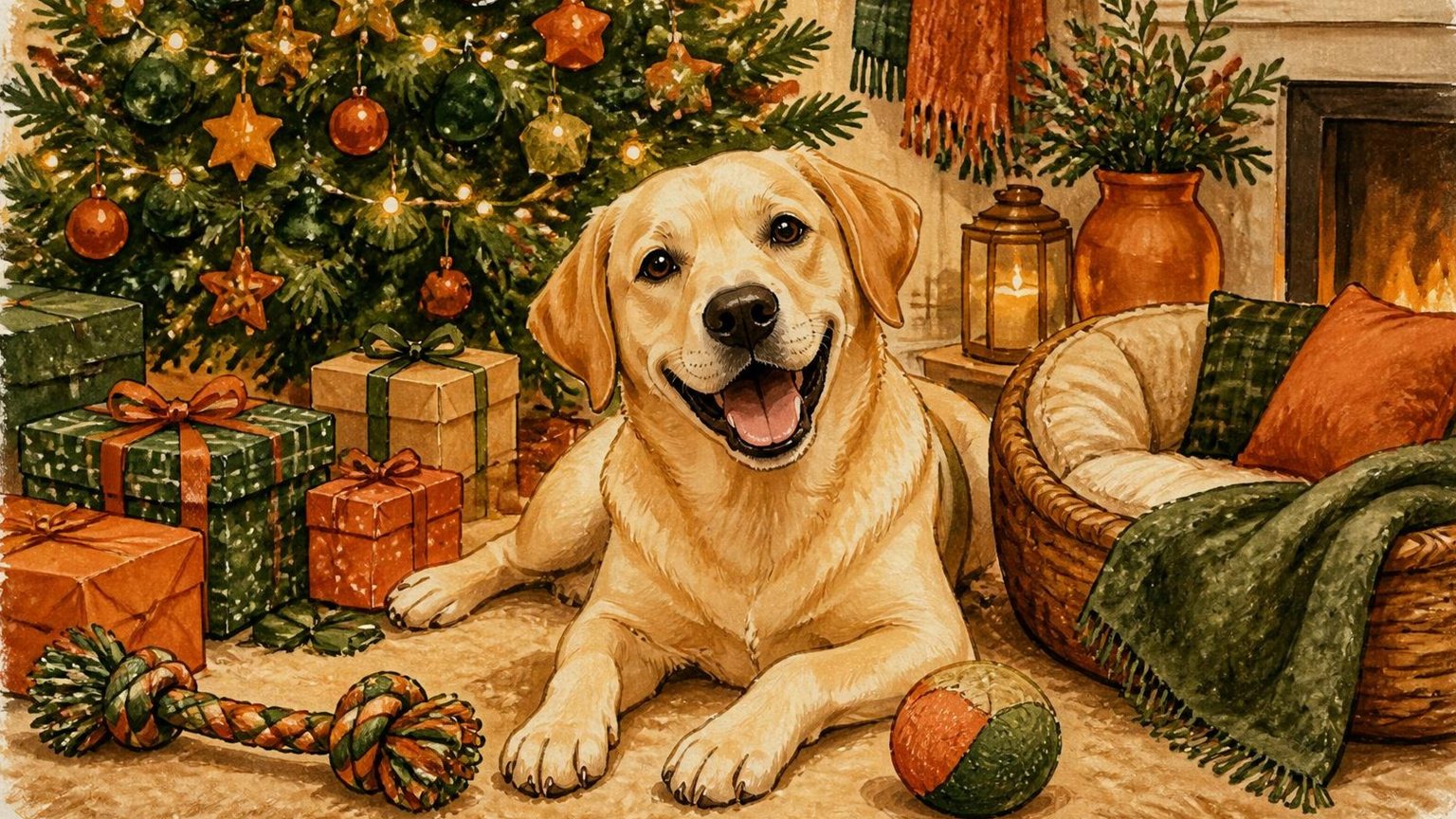 Illustration : un labrador joyeux devant un sapin de Noël entouré de cadeaux, d'un jouet à mâcher et d'un panier