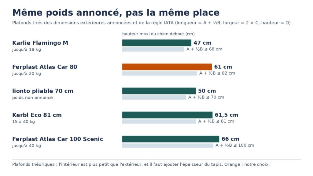 Graphique : hauteur maximale du chien et longueur A + ½B acceptées par cinq caisses de transport, selon leurs dimensions extérieures annoncées et la règle IATA