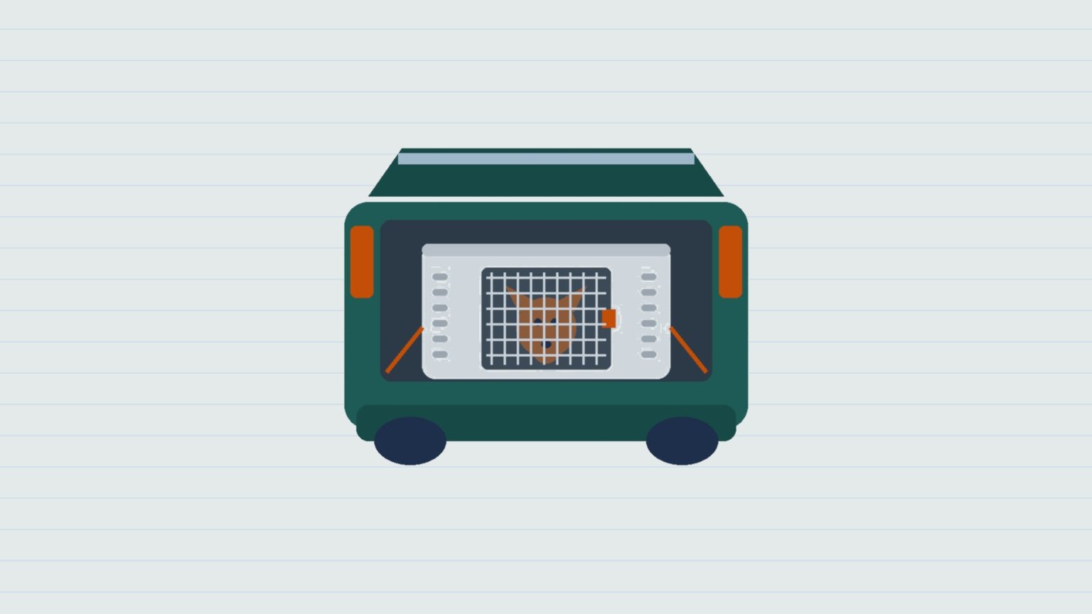 Illustration : une caisse de transport grise avec un chien derrière la grille, sanglée dans le coffre ouvert d'une voiture verte