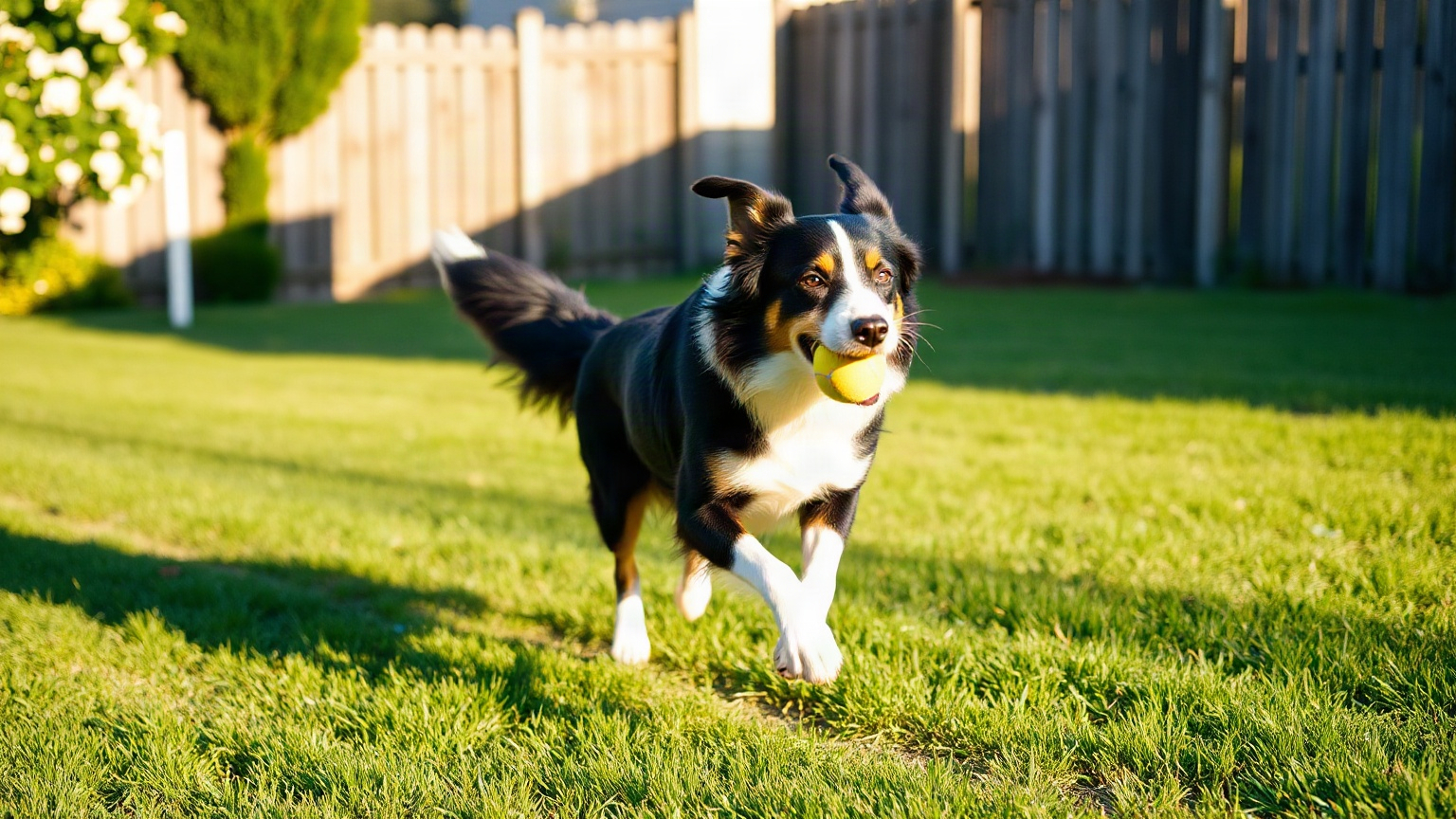 Border collie qui court sur une pelouse avec une balle de tennis dans la gueule