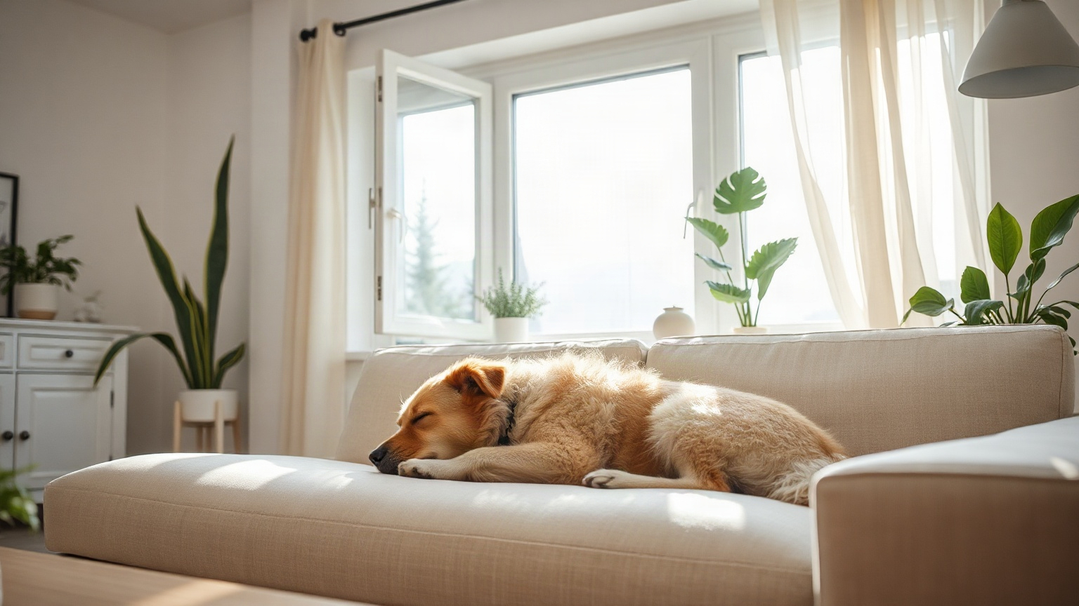 Chien qui dort sur un canapé clair dans un salon lumineux, fenêtre ouverte