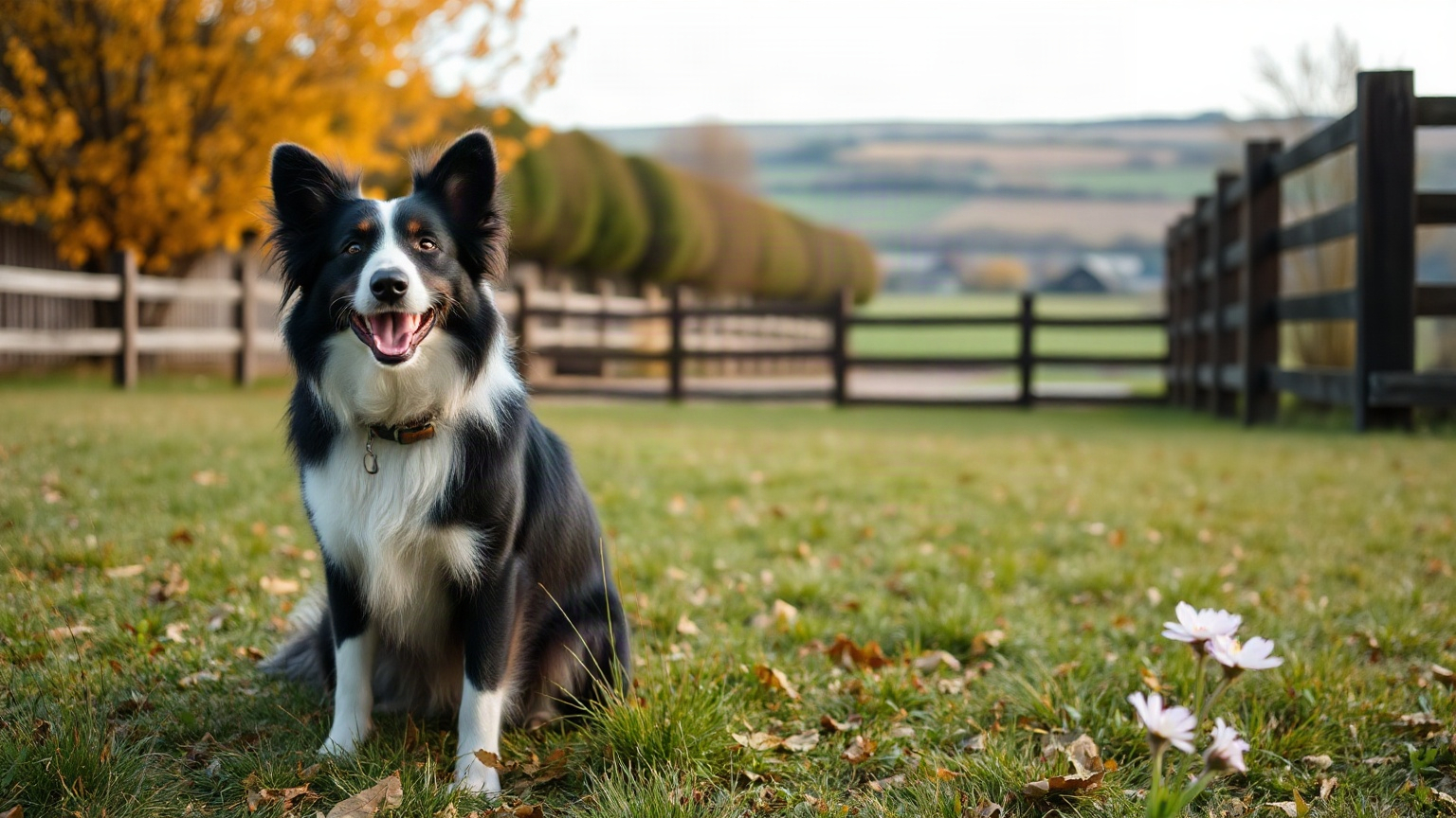Image générée : un border collie assis sur la pelouse d’un grand jardin de campagne en automne, devant une clôture en bois