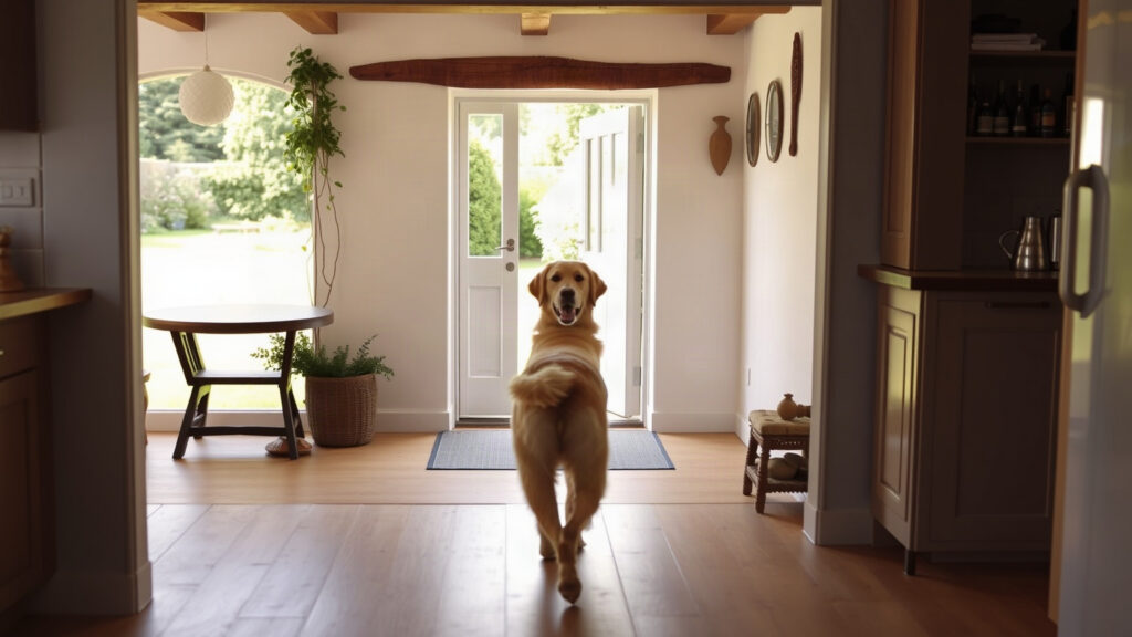 Golden retriever qui rentre du jardin par la porte arrière d’une maison