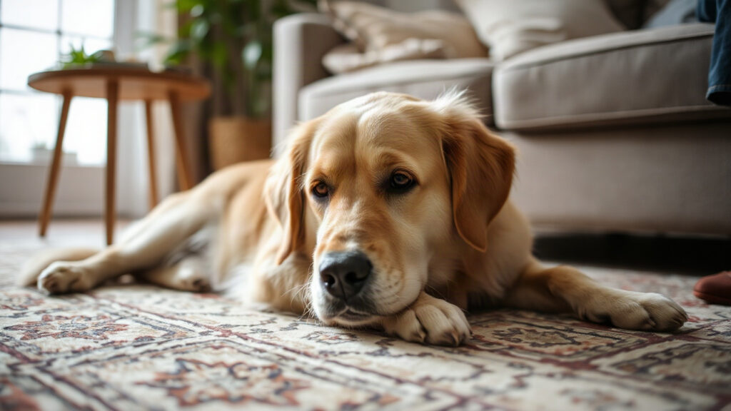 Golden retriever calme allongé sur un tapis de salon, près d’un canapé