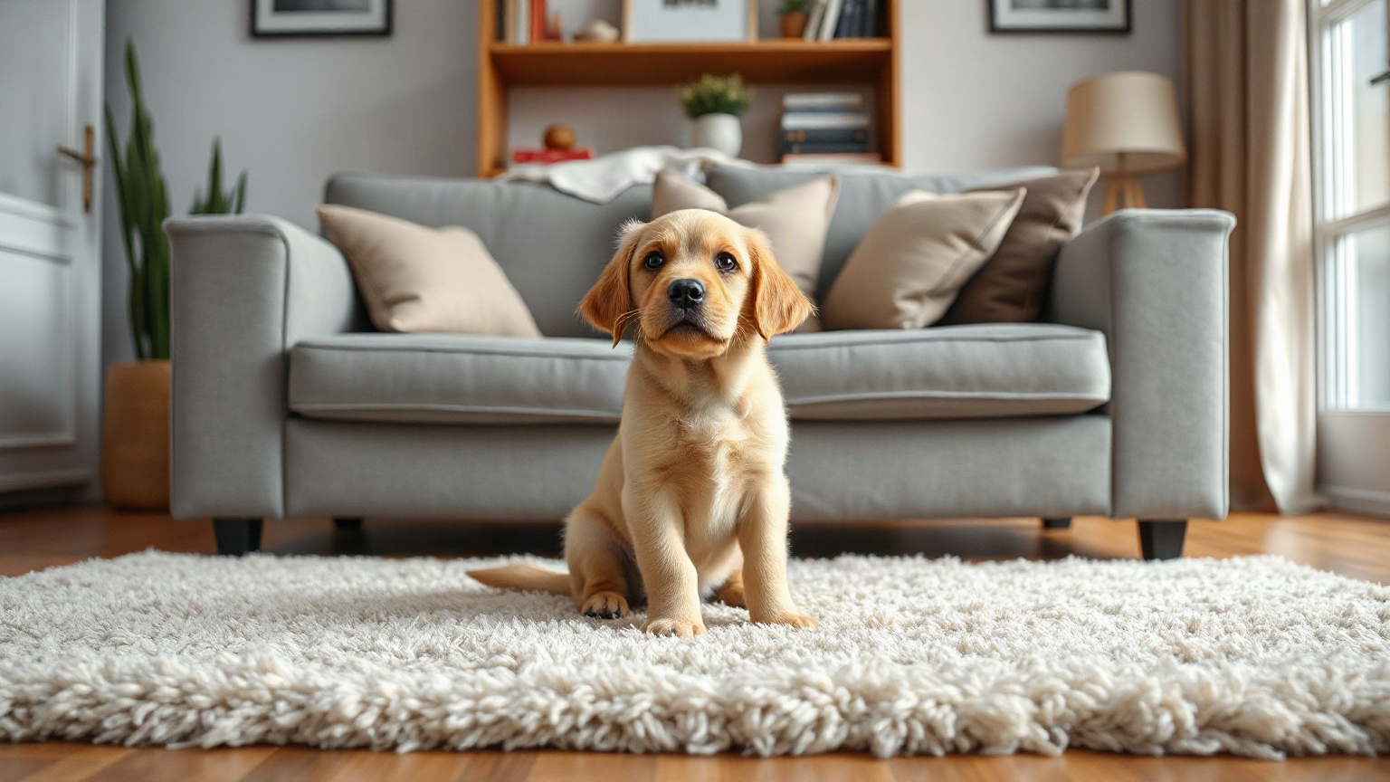 Chiot assis sur un tapis clair devant un canapé gris dans un salon