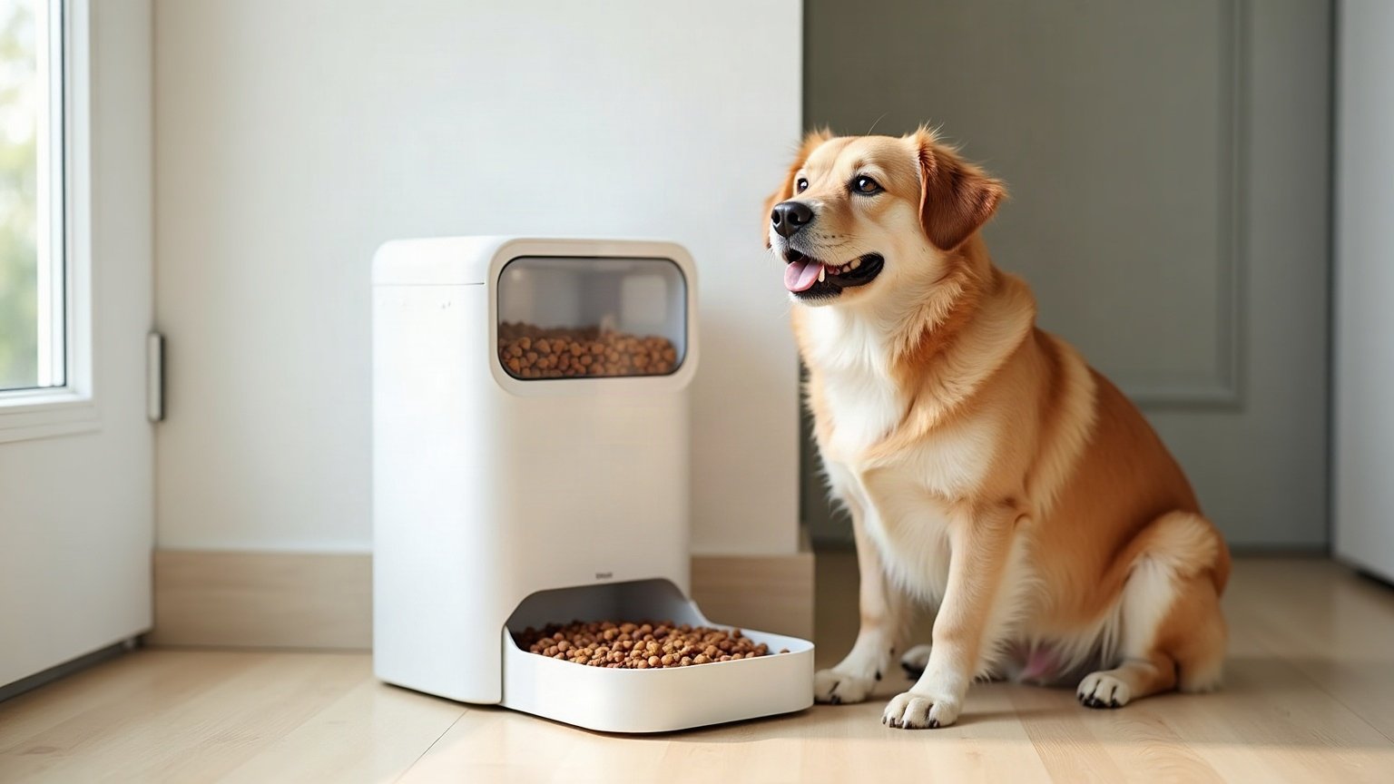 Illustration : un chien assis à côté d'un distributeur automatique de croquettes