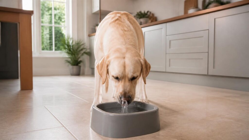 Labrador beige qui boit dans une fontaine à eau grise posée sur le carrelage d'une cuisine lumineuse
