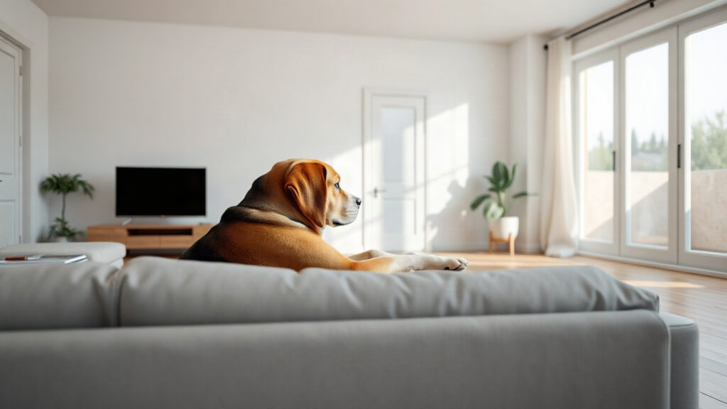 Image générée : un beagle couché sur un canapé gris dans un salon lumineux, tourné vers la porte d’entrée