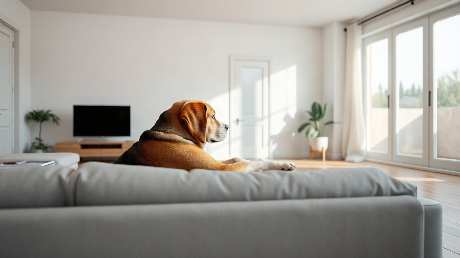 Image générée : un beagle couché sur un canapé gris dans un salon lumineux, tourné vers la porte d’entrée