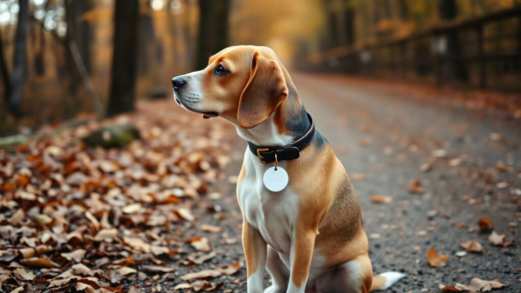 Image générée : un beagle assis sur un chemin forestier en automne, une petite balise ronde accrochée à son collier