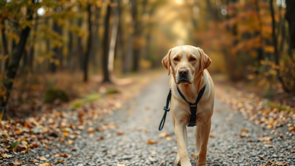 Image générée : un labrador beige marche sur un chemin de forêt en automne, un harnais sombre sur la poitrine