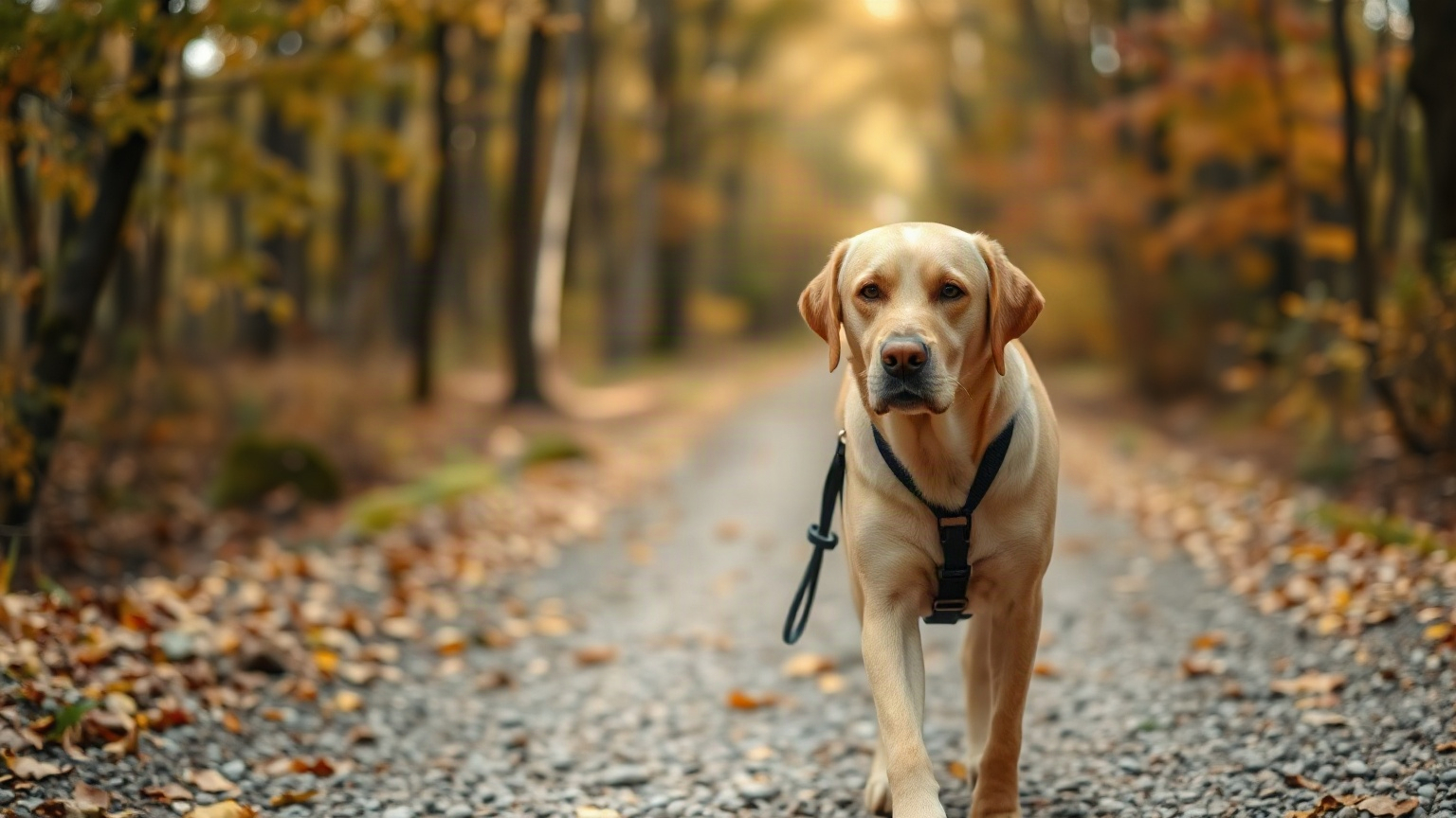 Image générée : un labrador beige marche sur un chemin de forêt en automne, un harnais sombre sur la poitrine