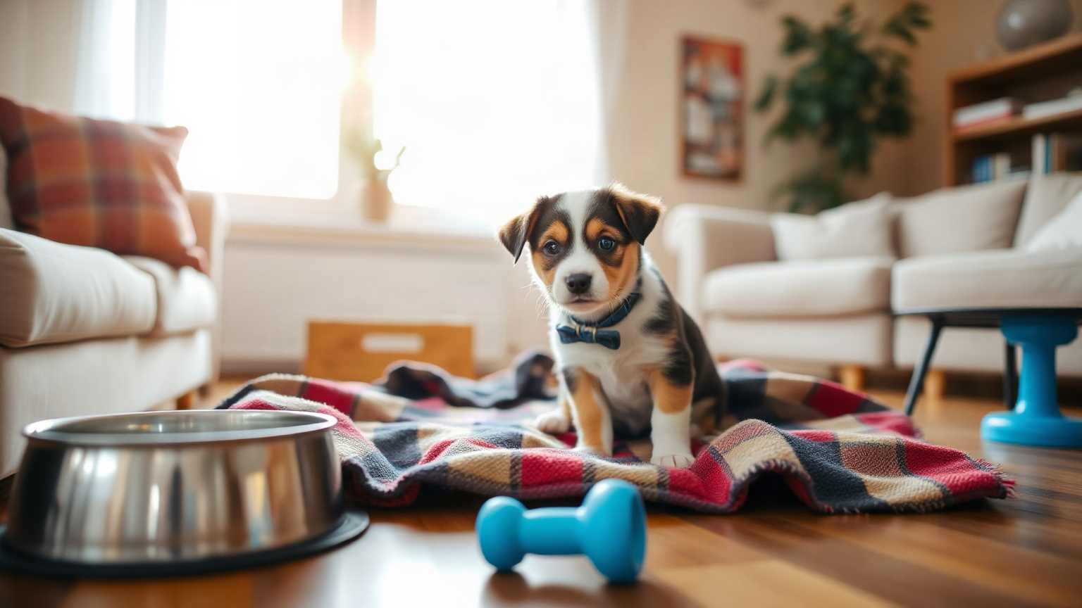 Image générée : un chiot assis sur un plaid dans un salon, près d’une gamelle en inox et d’un jouet à mâcher
