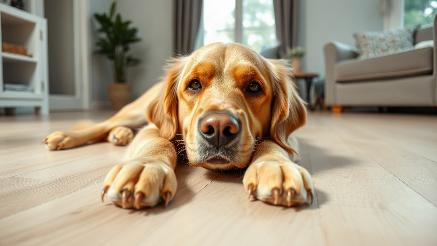 Image générée : un golden retriever couché sur un parquet clair, pattes avant tendues vers l’objectif, dans un salon lumineux