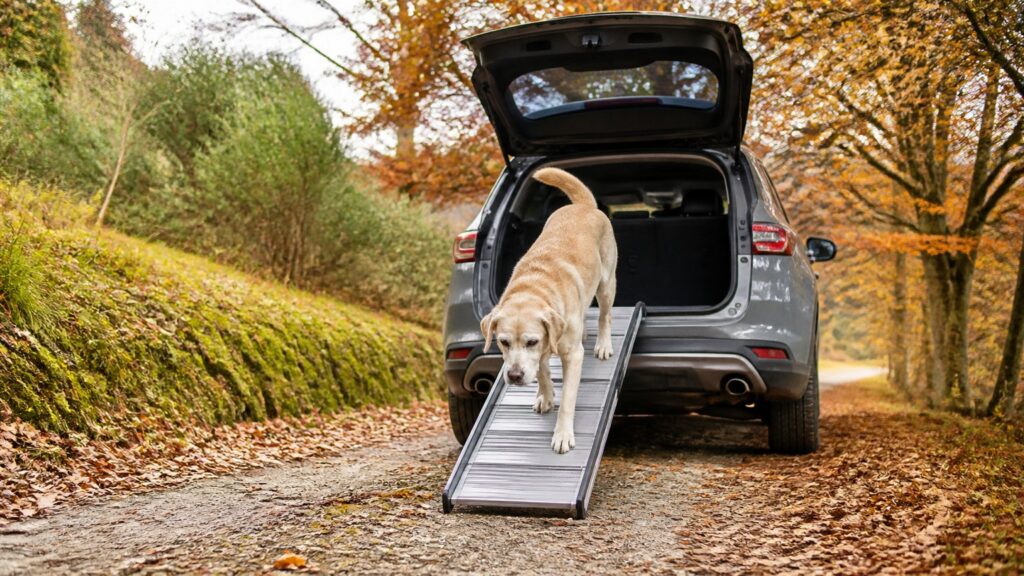 Image générée : un labrador âgé descend avec précaution une rampe en aluminium depuis le coffre ouvert d’un SUV, sur un chemin d’automne