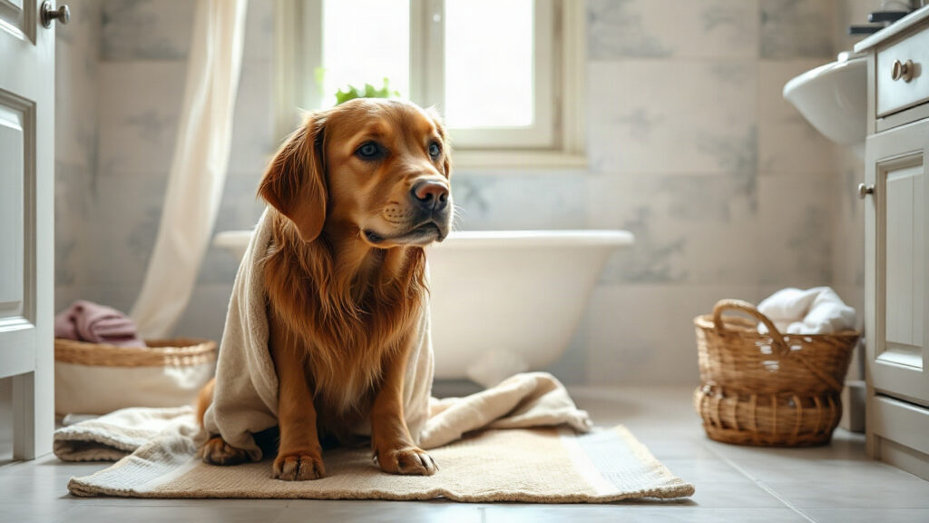 Image générée : un golden retriever mouillé enveloppé dans une serviette sur un tapis de bain, après le bain